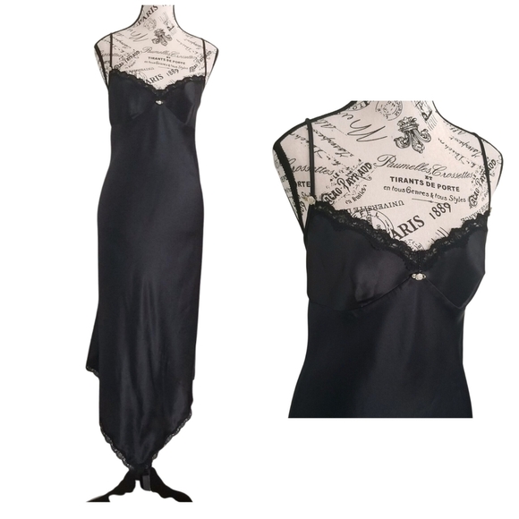 ABS 90s Y2K black Satin asymetrical maxi slip dress - Picture 1 of 6